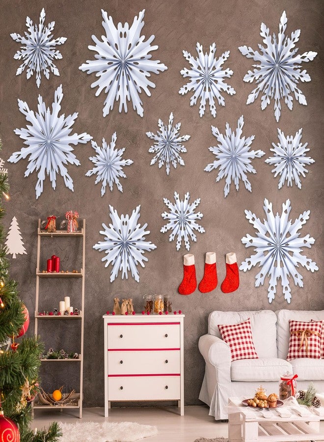 Fuyoooo 12 Pcs Snowflakes Hanging Decorations Blue Purple White Paper Fans Hollow Snowflakes Ceiling Hangings Decor Ice Birthday Fans Decor for Wedding Birthday Holiday Party Decoration(White) - Image 1